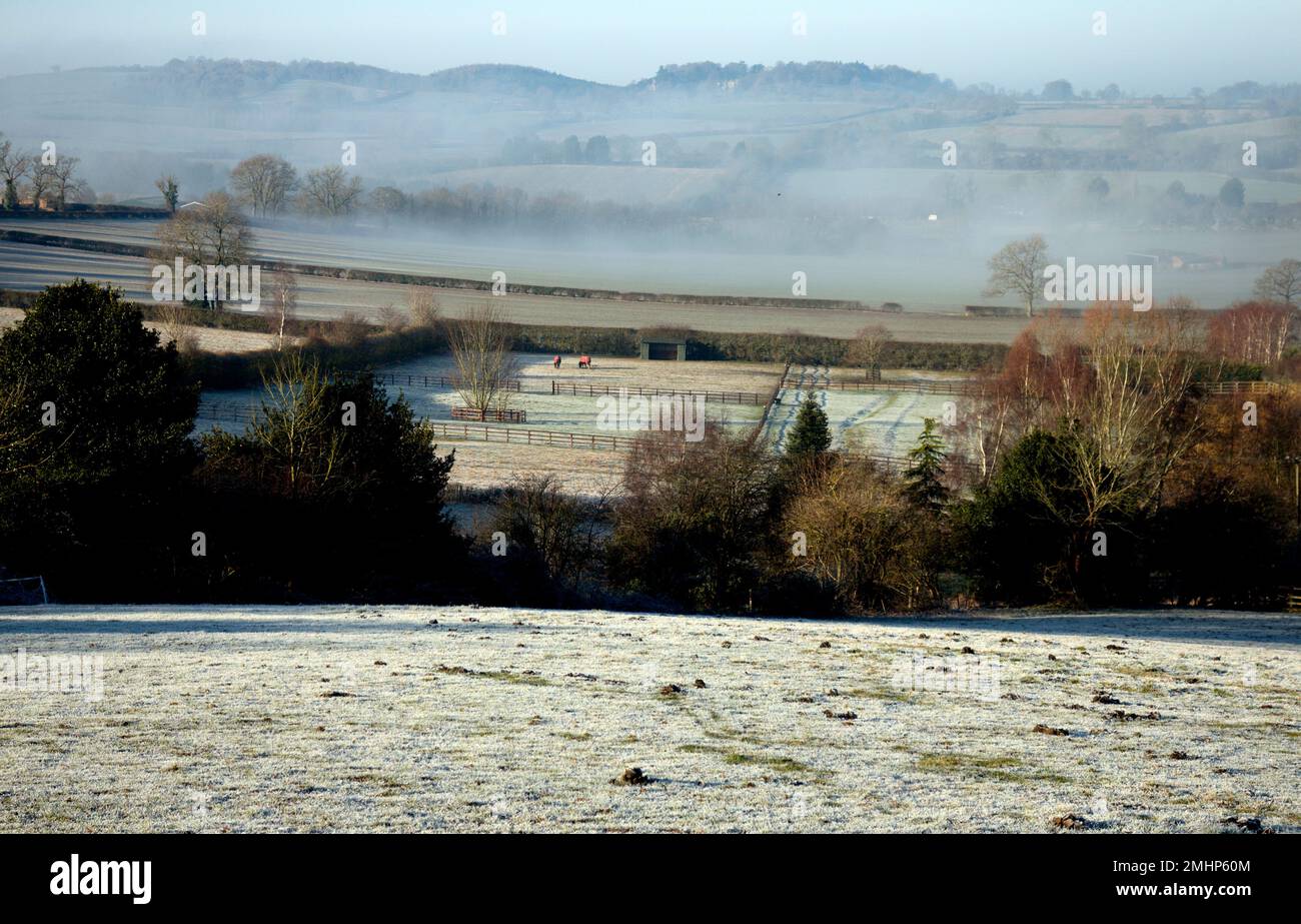 A view on a frosty winter`s morning, Staverton, Northamptonshire, England, UK Stock Photo